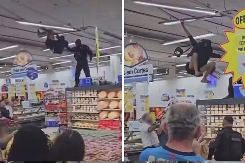 Homem entra em supermercado na Zona Norte do Rio, sobe em prateleiras, se pendura em luminária e é retirado pela PM