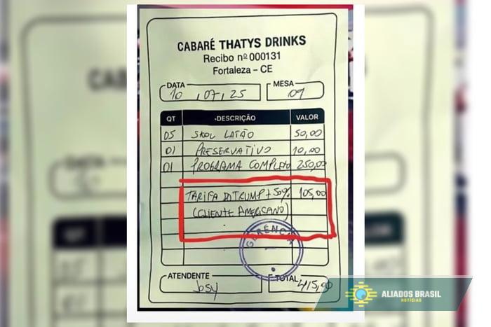 Recibo de cabaré no CE cobra “tarifa do Trump” de americano e viraliza