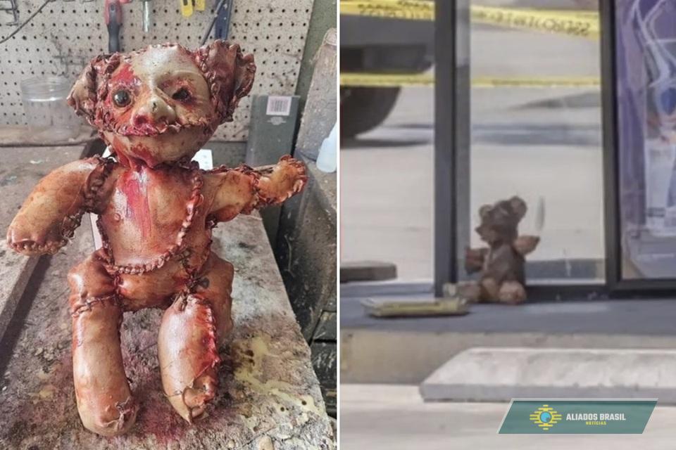 ‘Urso de pelúcia coberto com pele humana’ é encontrado em estacionamento de loja