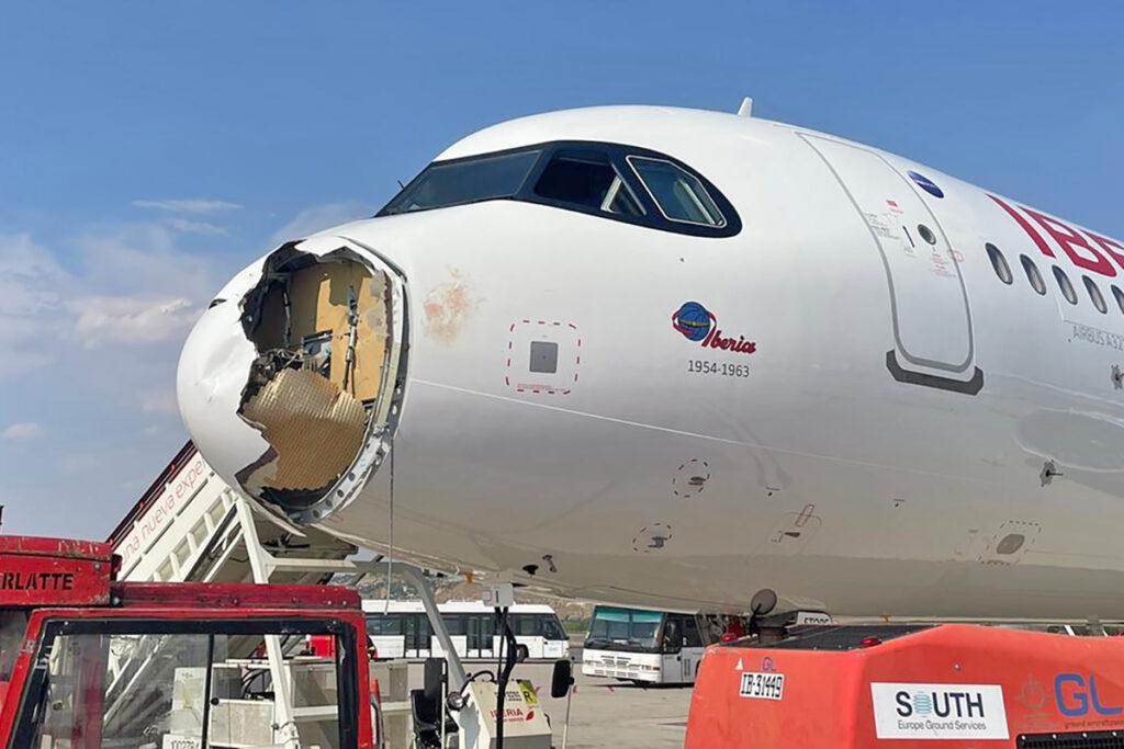 Avião fica com bico destruído após choque com pássaro e faz pouso de emergência na Espanha; veja IMAGENS