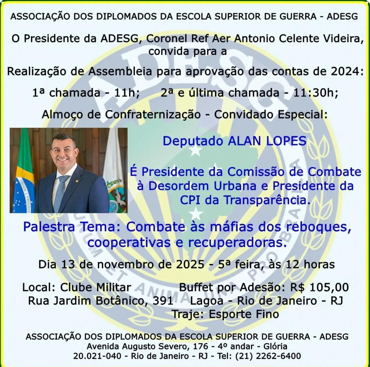 Convite da ADESG - Palestra Dep. Alan Lopes