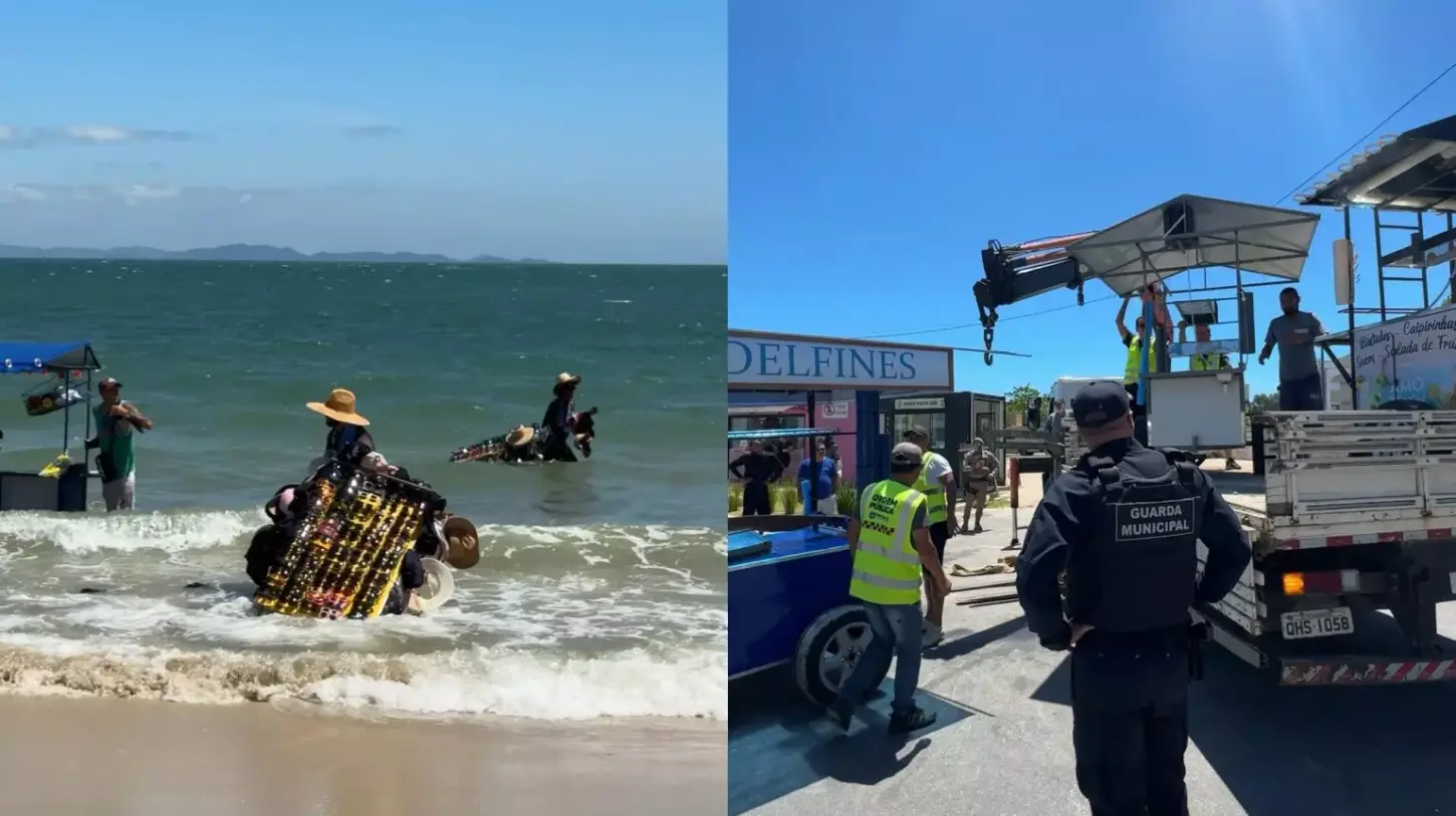 Ambulantes ilegais se jogam no mar para fugir da fiscalização em praia de Florianópolis