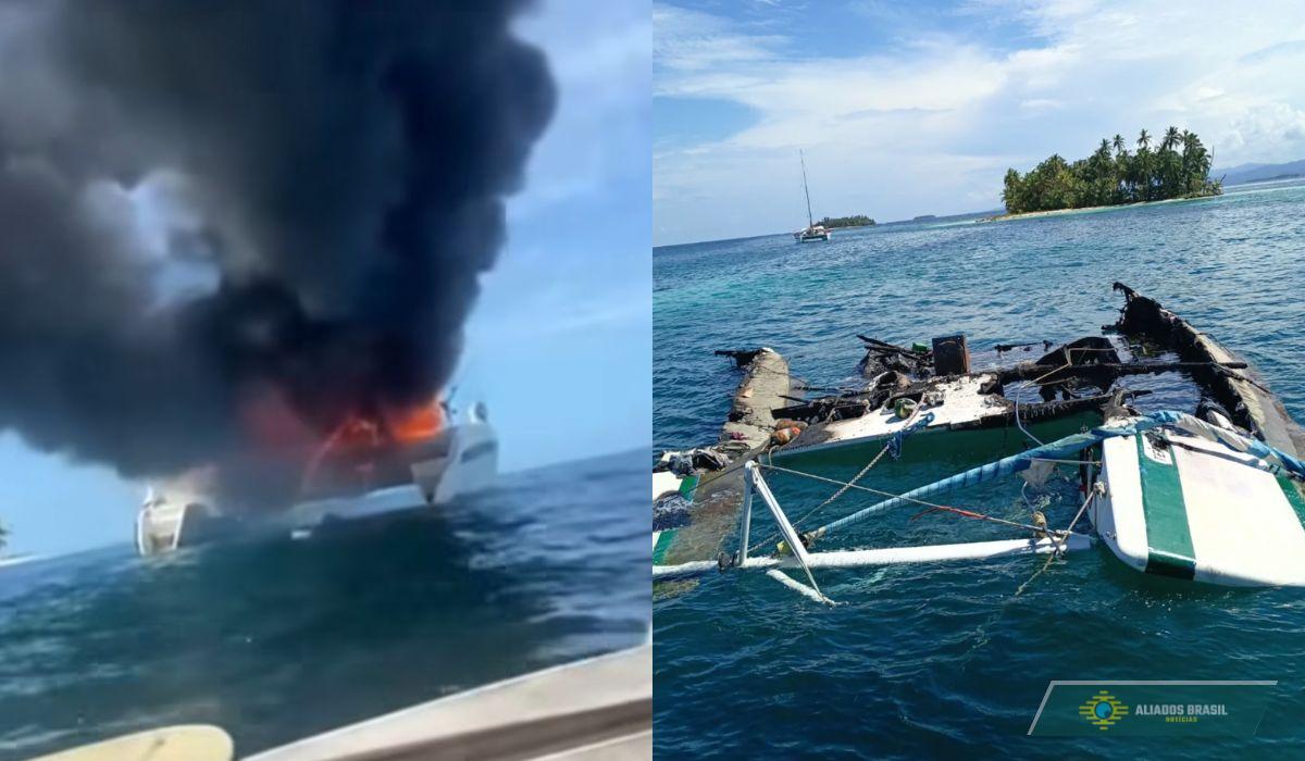 Brasileiros saltam em mar com tubarões após barco no Panamá pegar fogo; veja