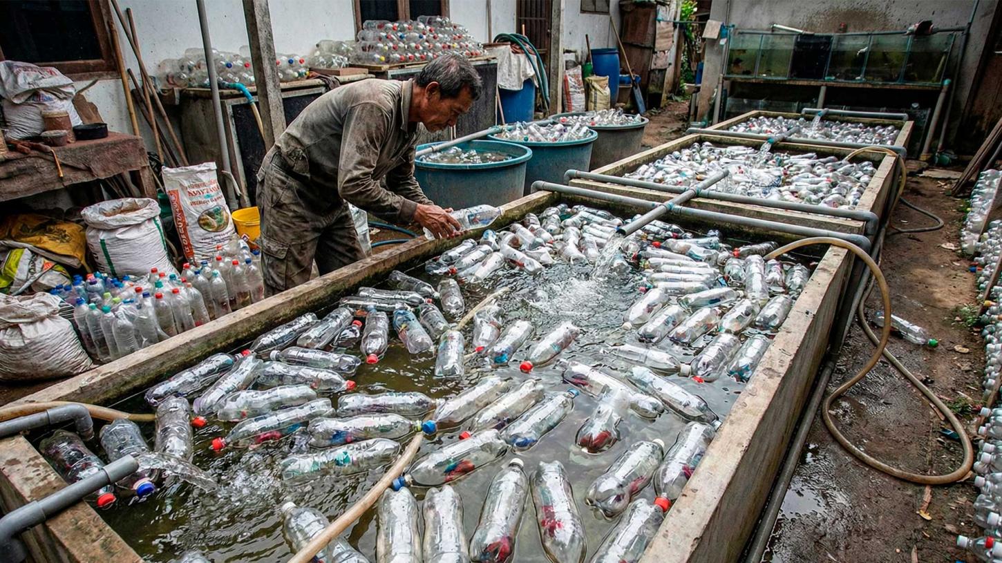 Com centenas de garrafas PET retiradas do lixão, homem faz criação de peixes betta no quintal de casa e mostra que pode gerar renda extra com baixo custo