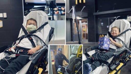 Ambulância faz parada em lanchonete para atender pedido de menino com câncer