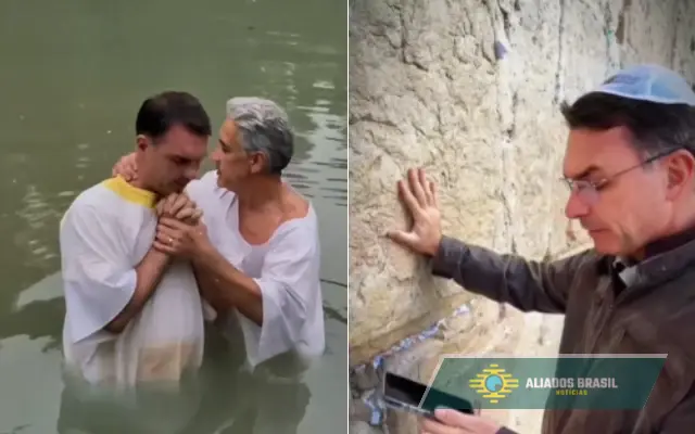 Flávio Bolsonaro se batiza no Rio Jordão e ora em Jerusalém
