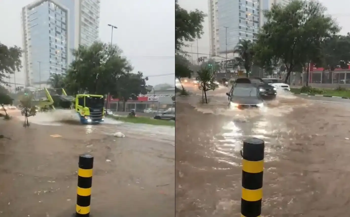 Chuva forte causa alagamentos na capital e na Grande SP; vídeo mostra mulher agarrada a poste após carro ser levado por enchente