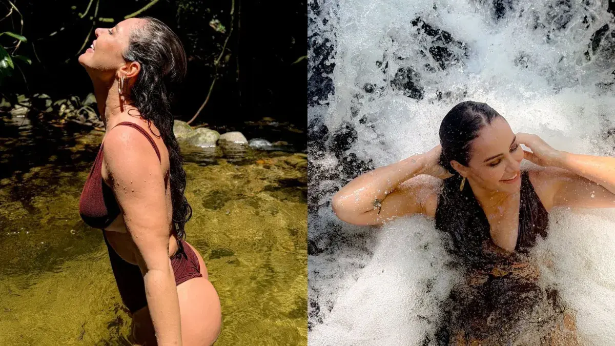 Paolla Oliveira posa de maiô em cachoeira: 