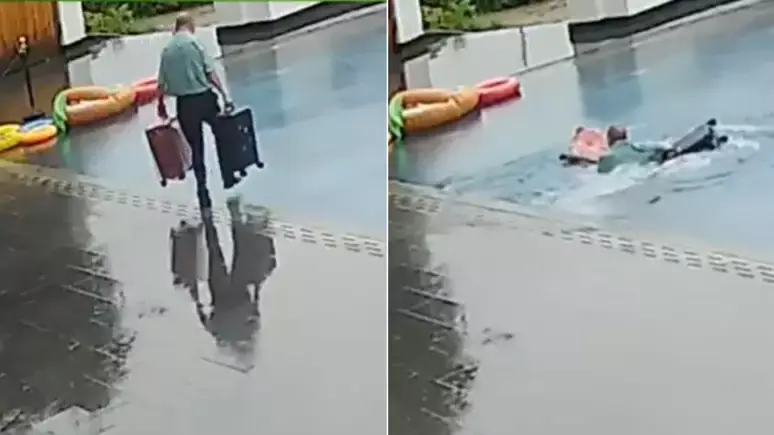 Funcionário cai com malas de hóspedes dentro de piscina de hotel; veja vídeo 