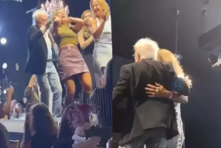 Moacyr Franco dá beijo na boca e puxa cabelo de mulher em evento em SC  