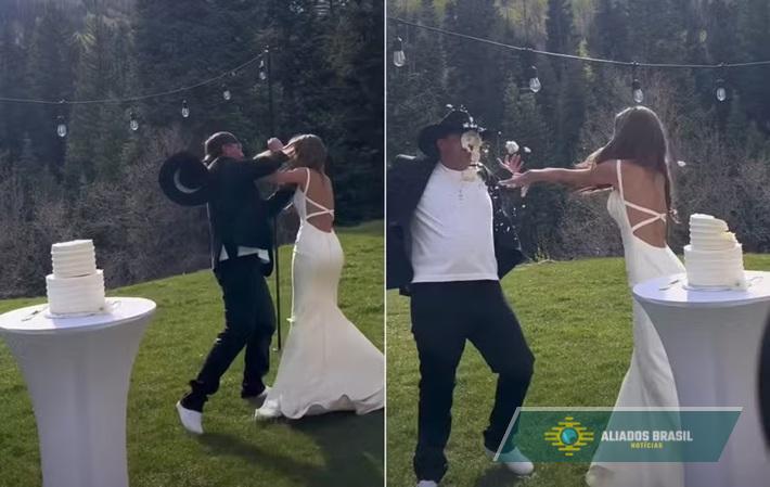 Noivo joga bolo na cara da noiva, ela se vinga e vídeo viraliza nas redes. Assista