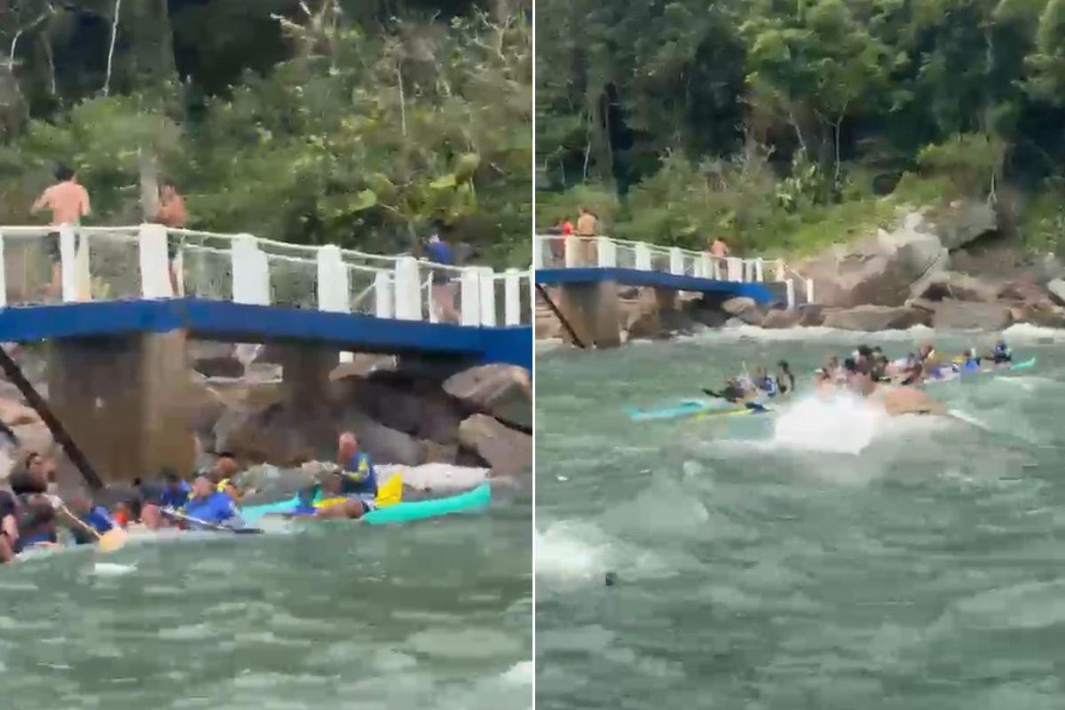 Nove pessoas são resgatadas após canoas havaianas serem atingidas por correnteza no litoral de SP; VÍDEO