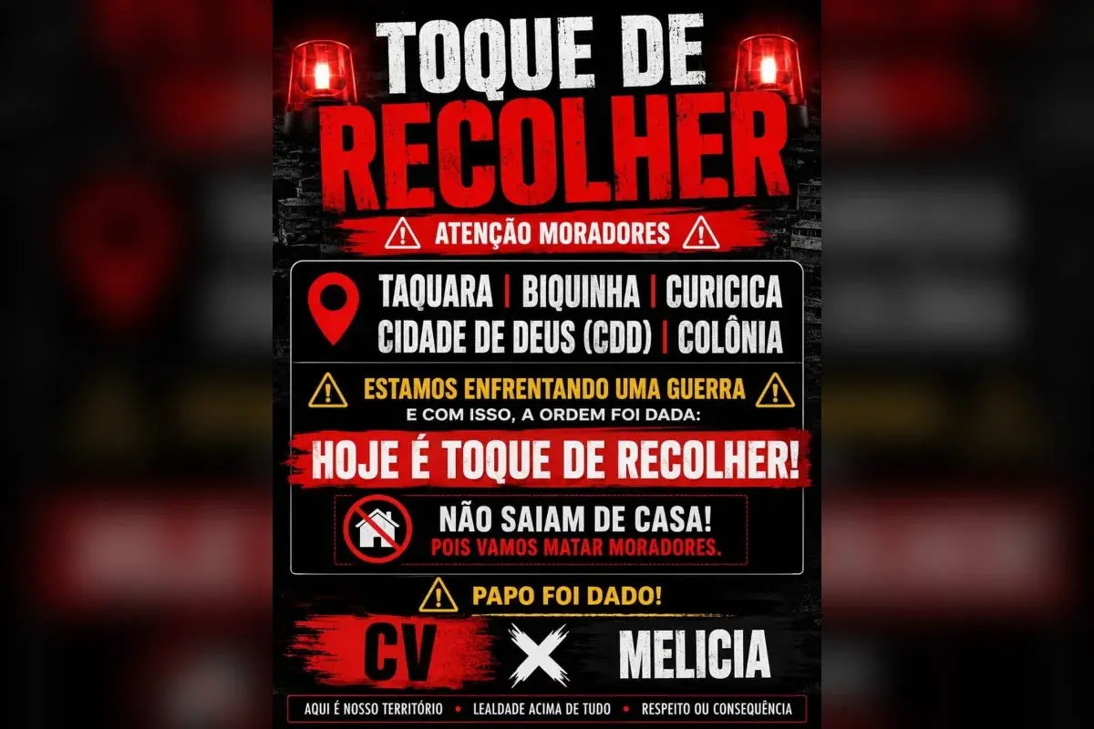 CV ameaça matar moradores e impõe toque de recolher no Rio: 