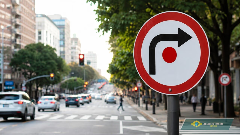O que significa a placa de trânsito que tem uma seta à direita e um ponto vermelho sobre fundo branco?