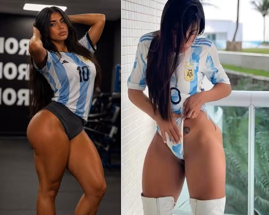 Modelo brasileira famosa por tattoo íntima de Messi e bloqueada por Antonela torce pela Argentina