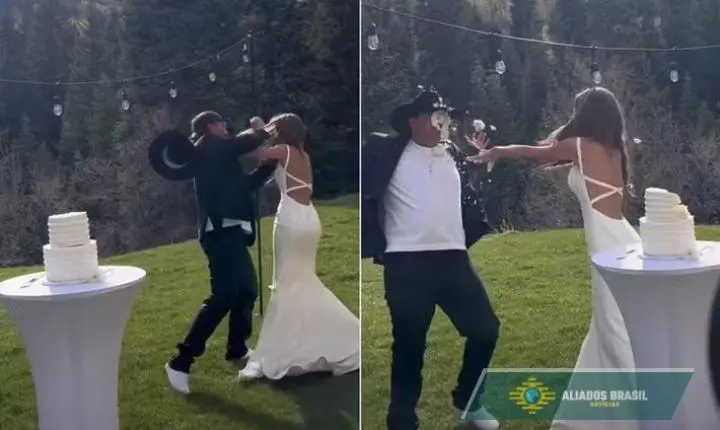 Noivo joga bolo na cara da noiva, ela se vinga e vídeo viraliza nas redes. Assista