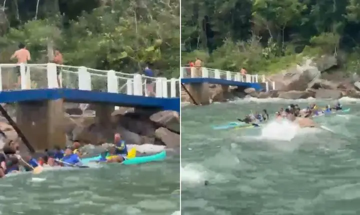 Nove pessoas são resgatadas após canoas havaianas serem atingidas por correnteza no litoral de SP; VÍDEO