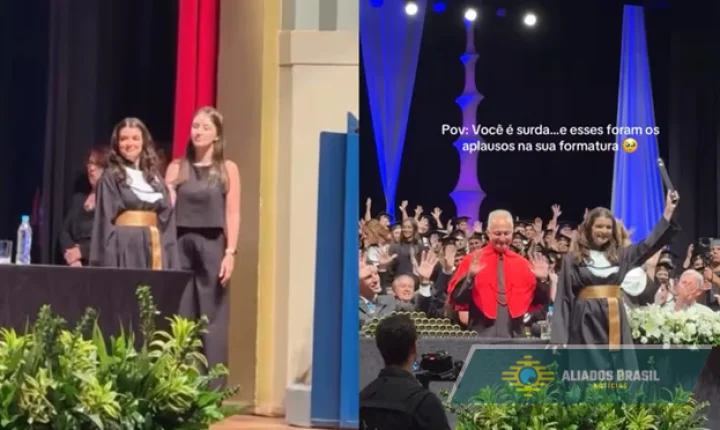VÍDEO: Formanda surda se emociona ao receber aplausos em Libras durante formatura na FURB em Blumenau