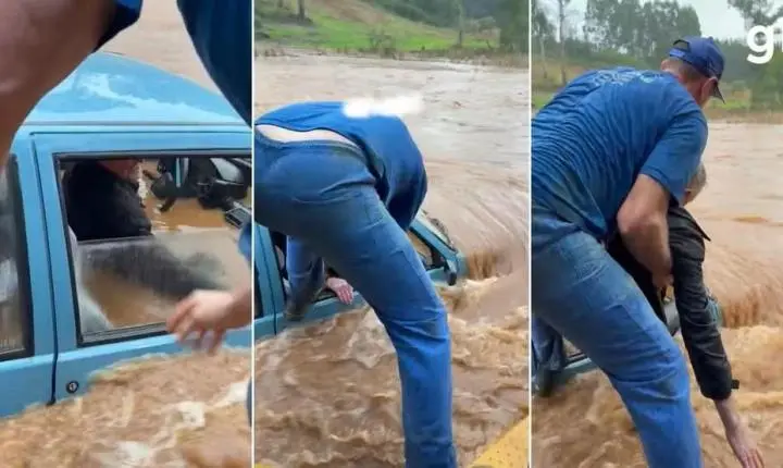 VÍDEO: Homem é resgatado de carro submerso durante forte chuva no RS
